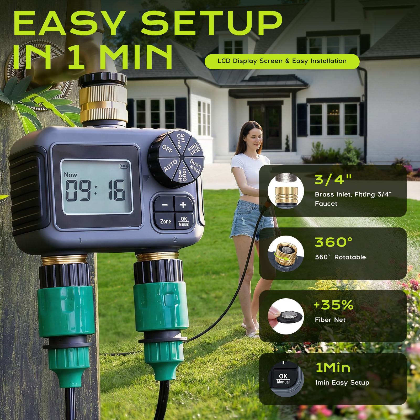Programmateur Arrosage 2 Voies IPX5 Étanche Minuteur Arrosage Automatique avec Entrée et Sortie en Laiton, Retard de Pluie, Arrosage Automatique et Manuel, Minuterie d'irrigation pour Jardin Pelouse