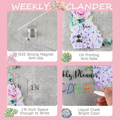 Miniatura 4 de Pizarra magnética acrílica de borrado en seco para nevera, planificador semanal y bloc de notas transparentes para refrigerador de 9 x 13 pulgadas,