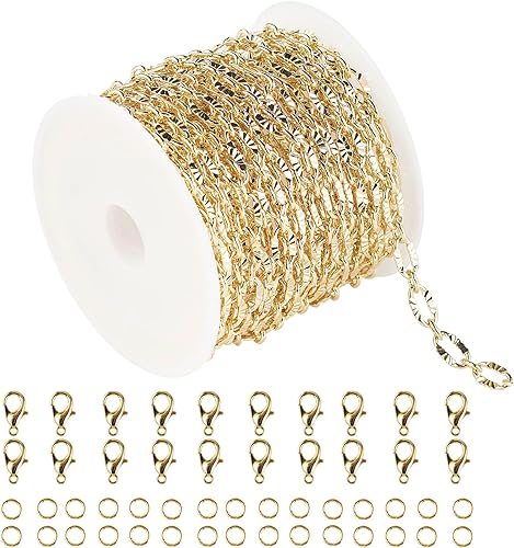 YOUBEIYEE Cadenas chapadas en oro de 16.4 pies, cadenas ovaladas de latón en relieve, cadenas para hacer joyas para pulseras, collares de bricolaje,