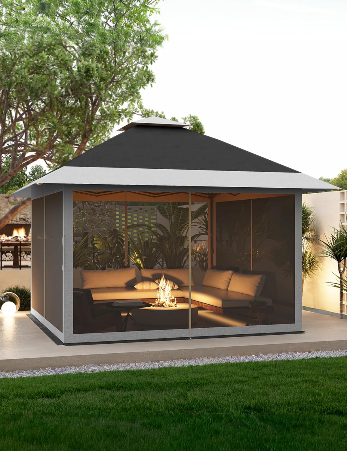 KYBOLT 13x13 Pop Up Gazebo Outdoor Canopy Shelter with Mosquito Netting 4 Stanbags Instant Gazebo Tent for Lawn, Garden, Backyard Deck (Charcoal Gray + Light Gray)