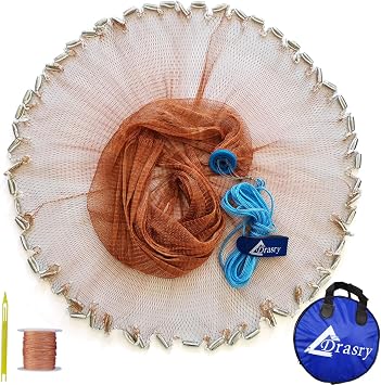 Drasry Saltwater American Fishing Cast Net 3/8inch Mesh Size for Bait Shrimp Trap Fish Heavy Duty Sinkers Throw Net 3FT/4FT/5FT/6FT/7FT/8FT/9FT/10FT Radius