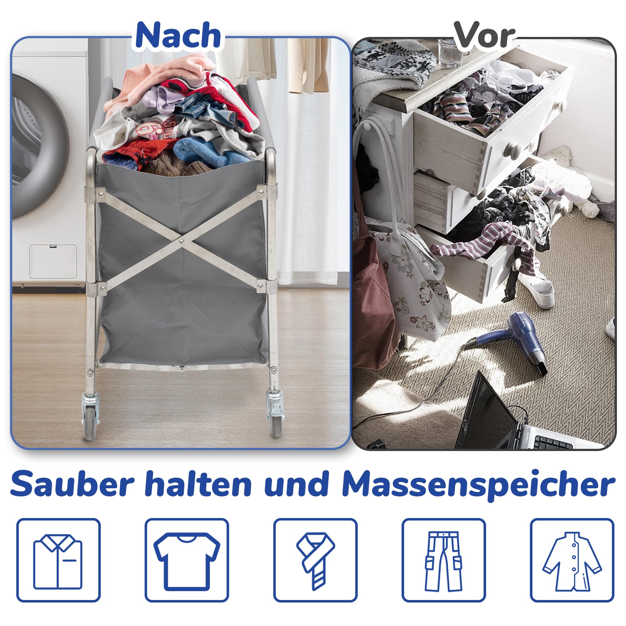 bimiti Carrello per la biancheria, in acciaio inox, con ruote, pieghevole, con portata di 100 kg, per la casa, hotel, 87 x 52 x 78 cm