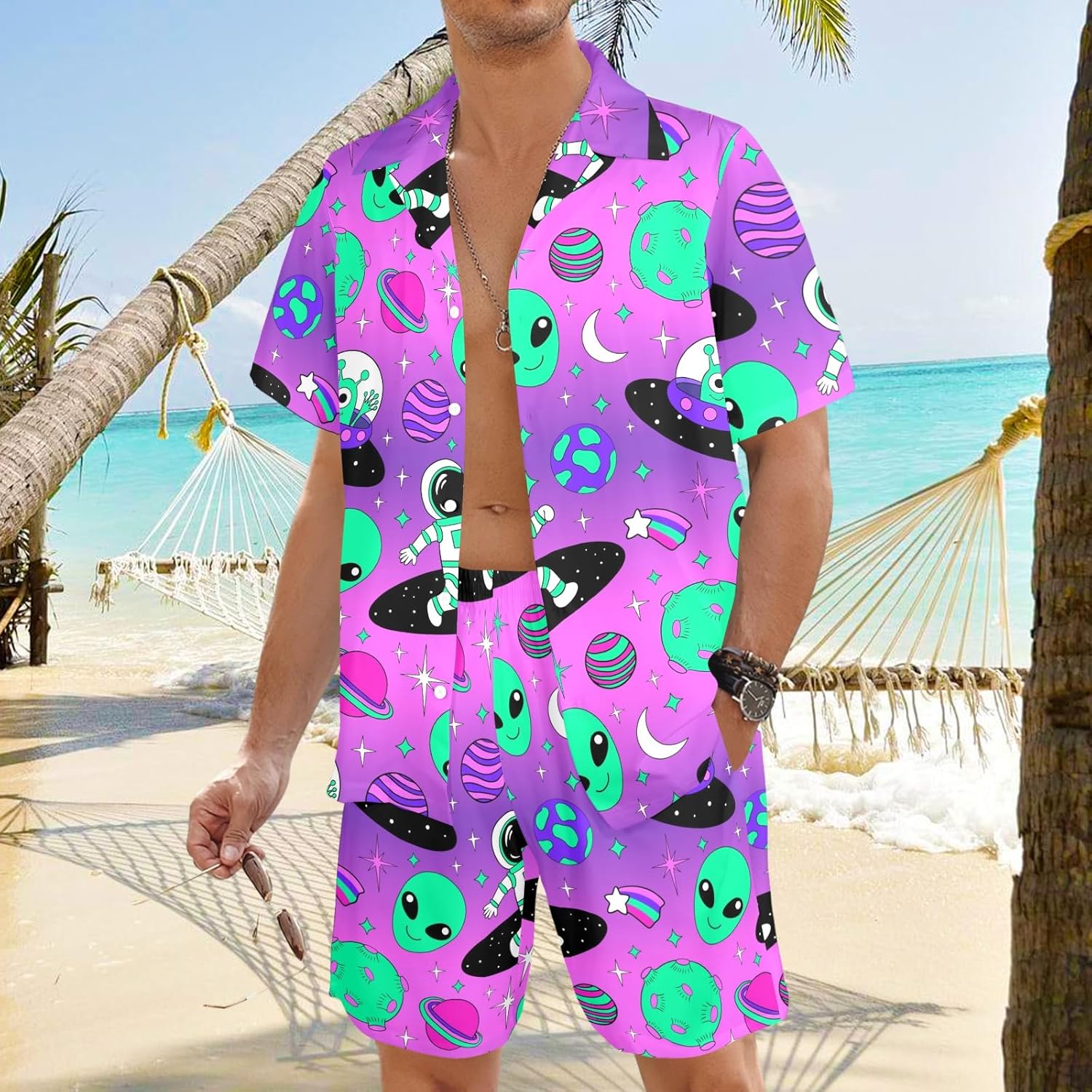 Artsadd 80s 90s Outfit for Men Hawaiian Shirt and Shorts Set Beach Party Outfits - Image 5
