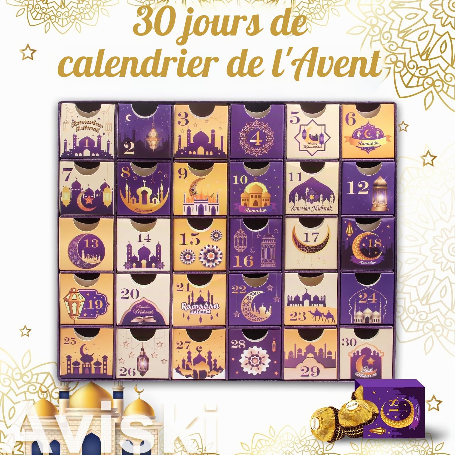Calendrier de l'avent Ramdan 30 boîtes vides 30 jours Eid Mubarak coutdown Calendar avec des cadeaux du Ramadan, boîte rangement numéro en carton, fournitures de fête du Ramadan - Violet