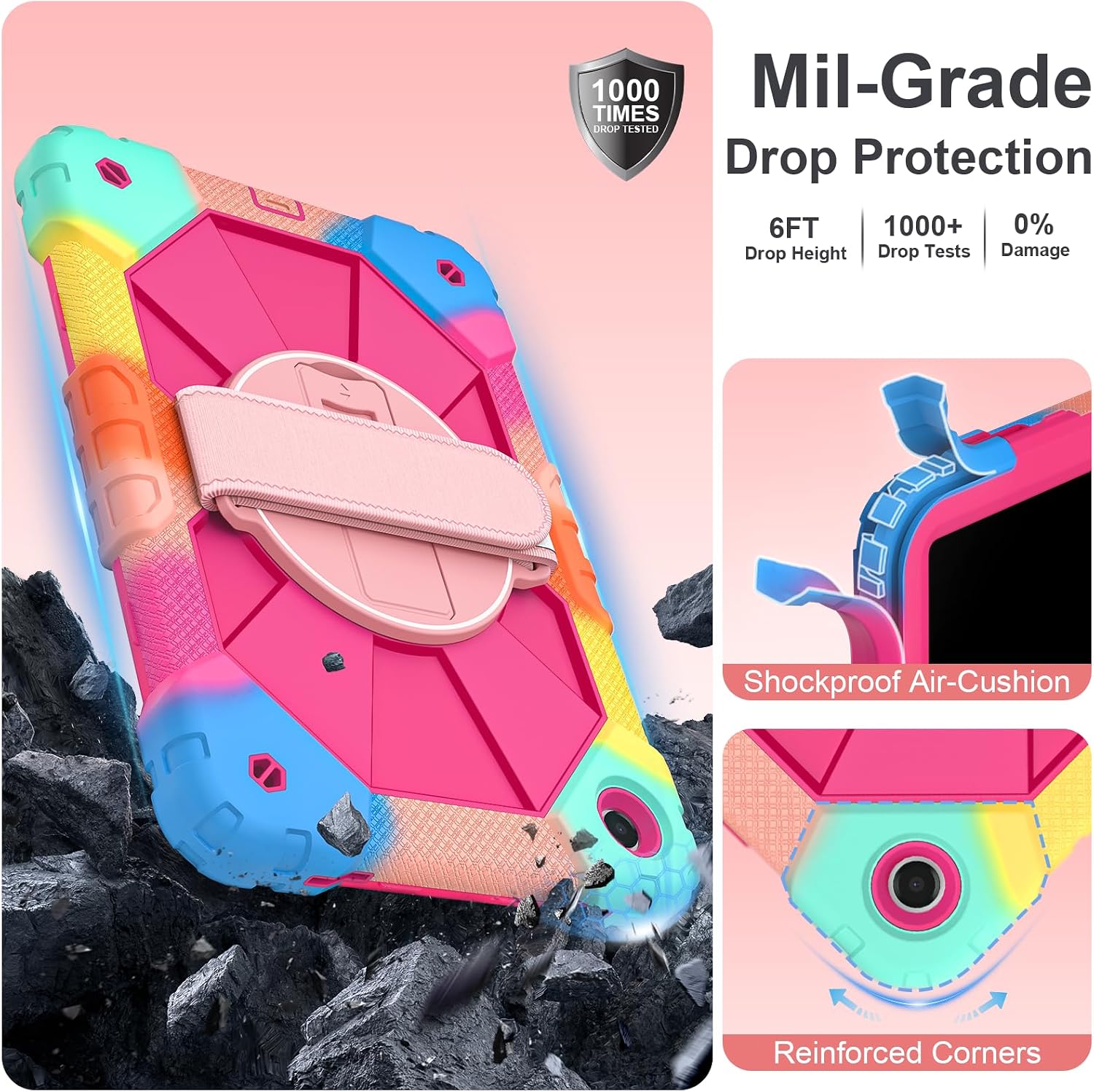Nitupai Case for Galaxy Tab A11+ Plus 2025/ A9+ 2023 11 Inch, Rugged Samsung Tab A11 Plus Case Galaxy A9+ Tablet Cover with 360 Rotating Hand Strap Stand Shoulder Strap Screen Protector, Rainbow Pink