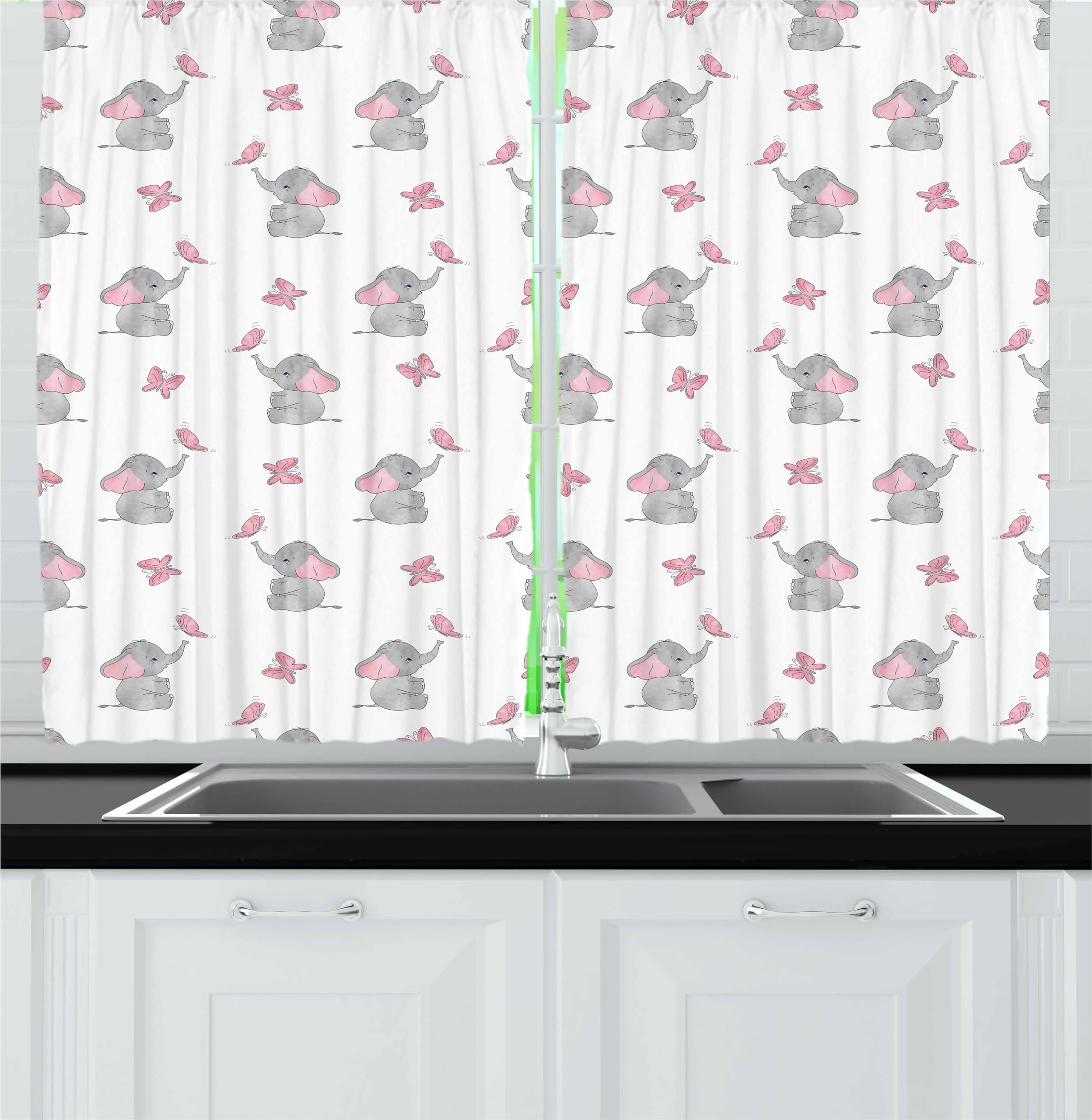 Ambesonne Elephant Nursery Kitchen Curtains, Baby Elephants Playing with Butterflies Design Pattern, Window Drapes 2 Panel Set for Kitchen Cafe Decor, 55