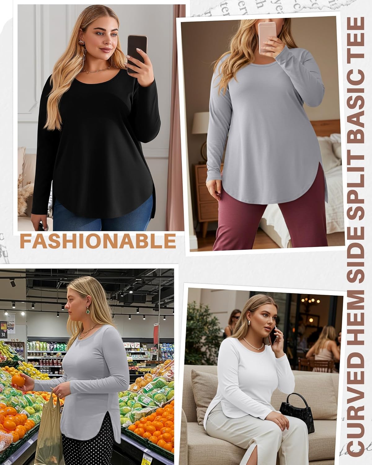 Ficerd 3 Pack Women's Plus Size Long Sleeve Tunic Tops Crewneck Loose Shirts Casual Curved Hem Side Split Basic Tee - Image 5