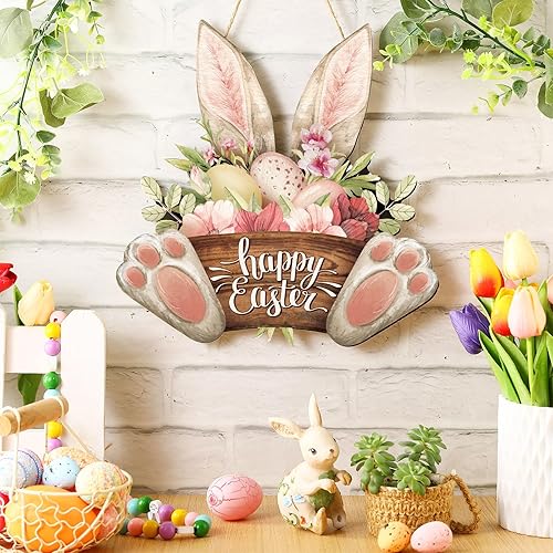 Vista 2 de Barydat 1 corona de Pascua para puerta delantera, conejo de bienvenida, letrero de madera, colgador de puerta, decoración de primavera, placa