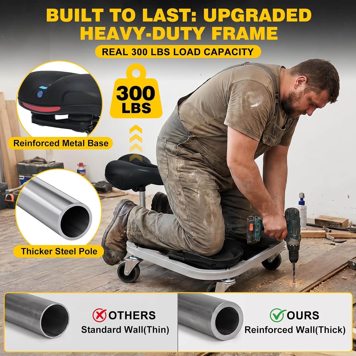 Kneeling Sitting Creeper with Seat, 300 lb Kneeling Sitting Creeper with Adjustable 11"-15" Seat, Thick Foam Knee Pads, 3 in Quiet Wheels and Tool Tray for Flooring, Tile, Garage Work | Comfort Knee Support, Adjustable Seat, Tool Tray, Quiet Wheels, 300 lb Capacity