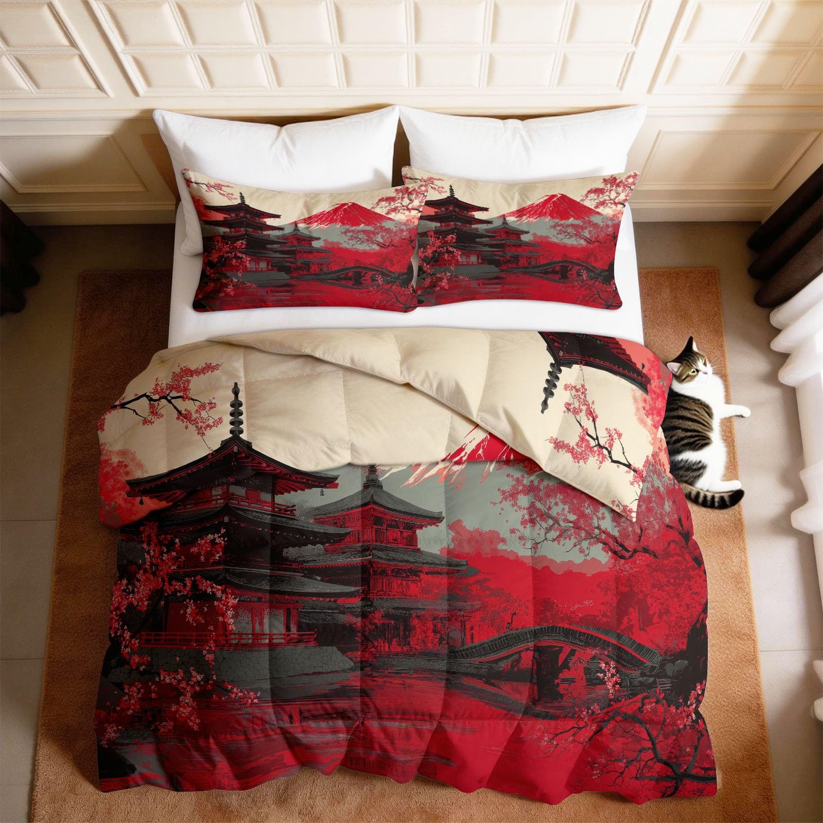Generisch Bettdecke 200 x 200 cm 4 Jahreszeiten, Japanisch Traditionell Vierjahreszeiten Steppdecke Floraler Fuji Baum Bogenbrücke See Weiche Ganzjahresdecke, Bettdecken für Jugendliche Erwachsene