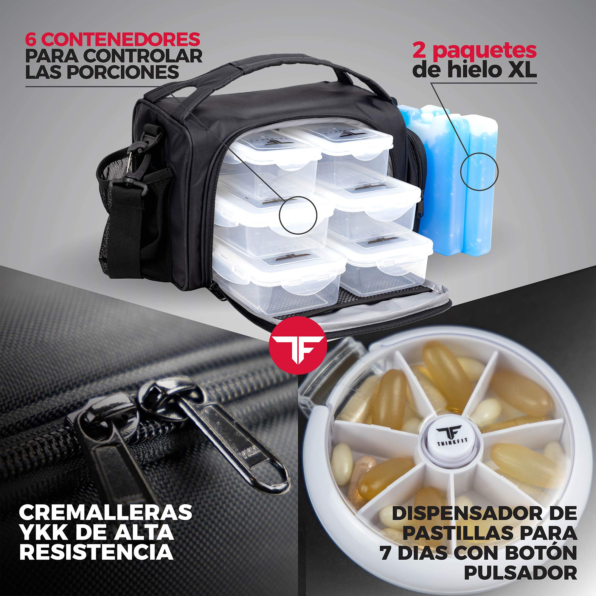 ThinkFit Lonchera aislada para preparar comidas con 6 contenedores sin BPA, reutilizables, aptos para microondas, congelador, recipientes de control de porciones de alimentos (negro)