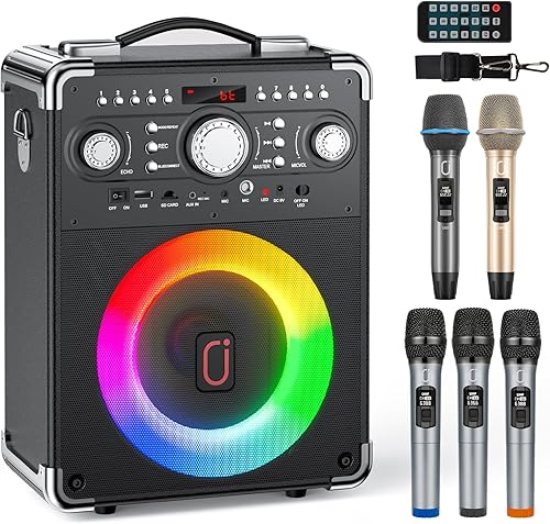 Máquina de karaoke con 5 micrófonos inalámbricos, altavoz portátil de karaoke Bluetooth, sistema PA Kareokee con luces de discoteca, TWS