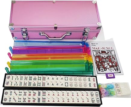 OMURA Games | Mah Jong Set in Pink Aluminum Case with Pushers | Bonus Multi-Purpose #10 Size Pouch Color May Vary