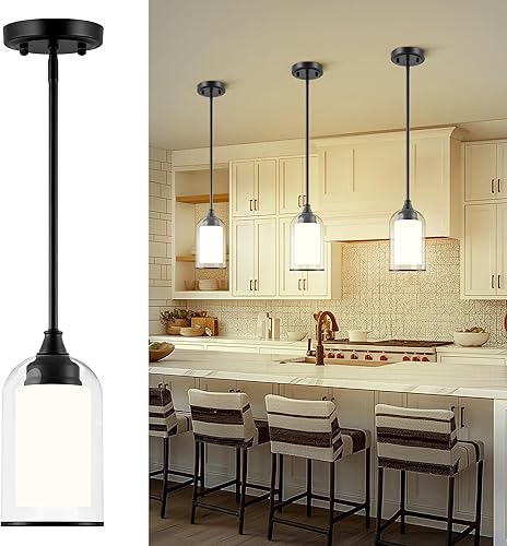 Miniatura 8 de LIROUVET Paquete de 2 Luces Colgantes, Lámpara Colgante Vintage de Doble Vidrio, Luces Colgantes de Oro Cepillado para Isla de Cocina con Vidrio