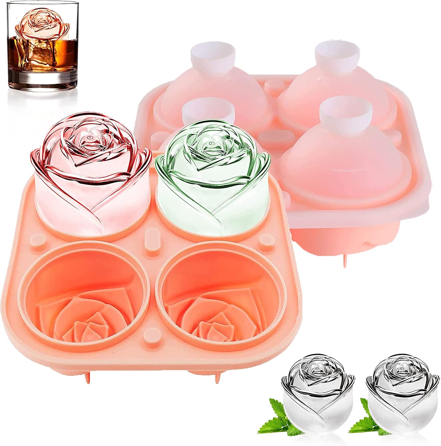 FROQUII Rose Ice Cube Mold, 2 Pack 2.5 inch Large Rose Ice Mold, Easy Release and BPA Free Silicone Ice Cube Trays for Cocktails Whiskey Bourbon Juice Freezer to Make 8 Giant Flower Shape Ice
