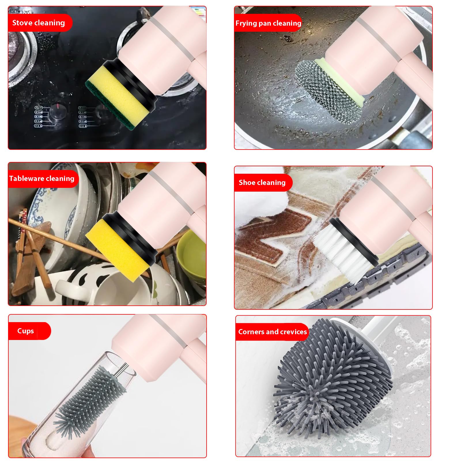 Pistola Elettrica Per Lavare Piatti - Spazzola Rotante A 3 Velocit&agrave;, 6 Testine, Ricaricabile, Multiuso