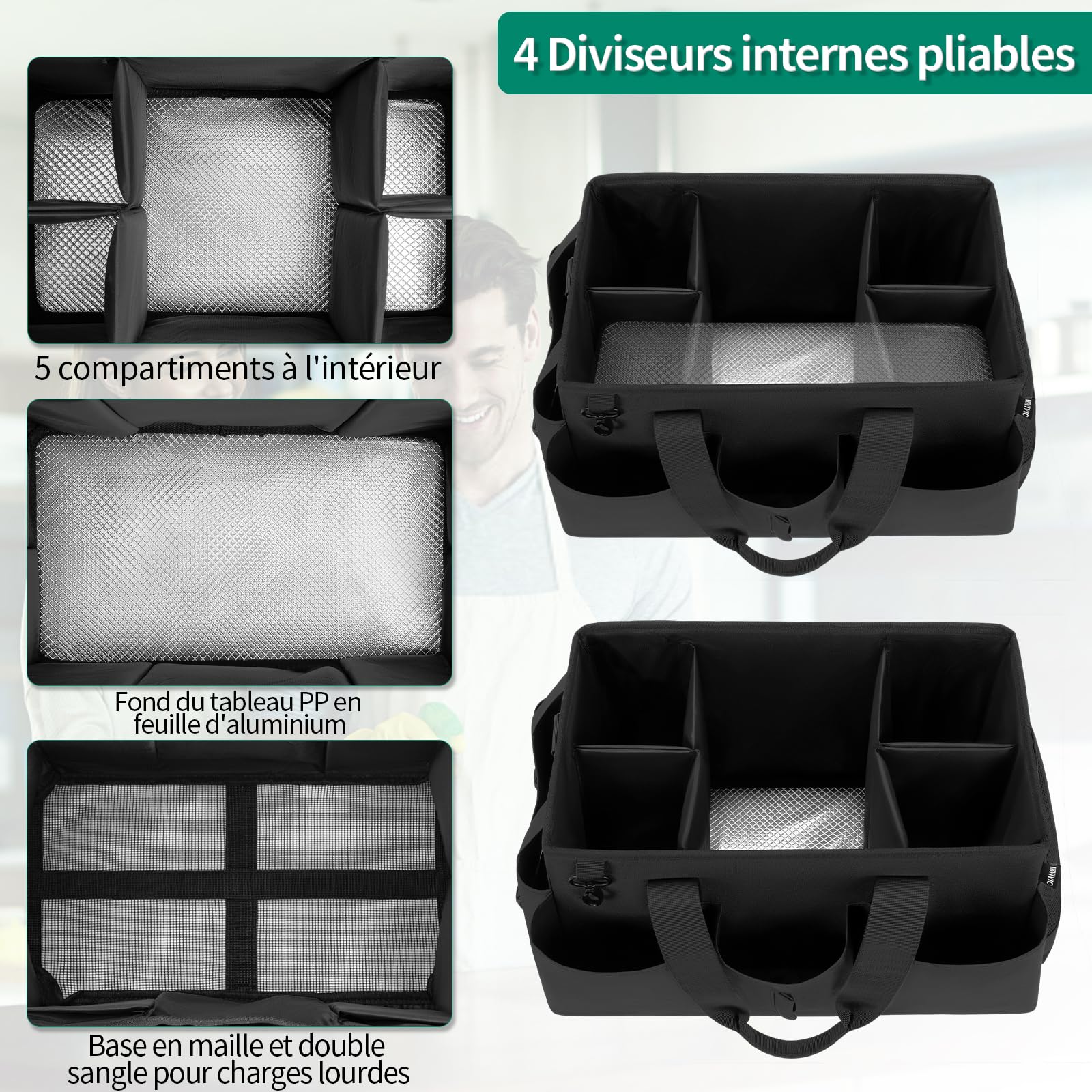 Sac de Nettoyage Portable, Sac Fourre-Tout de Nettoyage avec Poignée et Bretelle, Organiseur de Fournitures de Nettoyage avec Coussin Rigide et 4 Séparateurs pour Femme de Menage, Nettoyeur