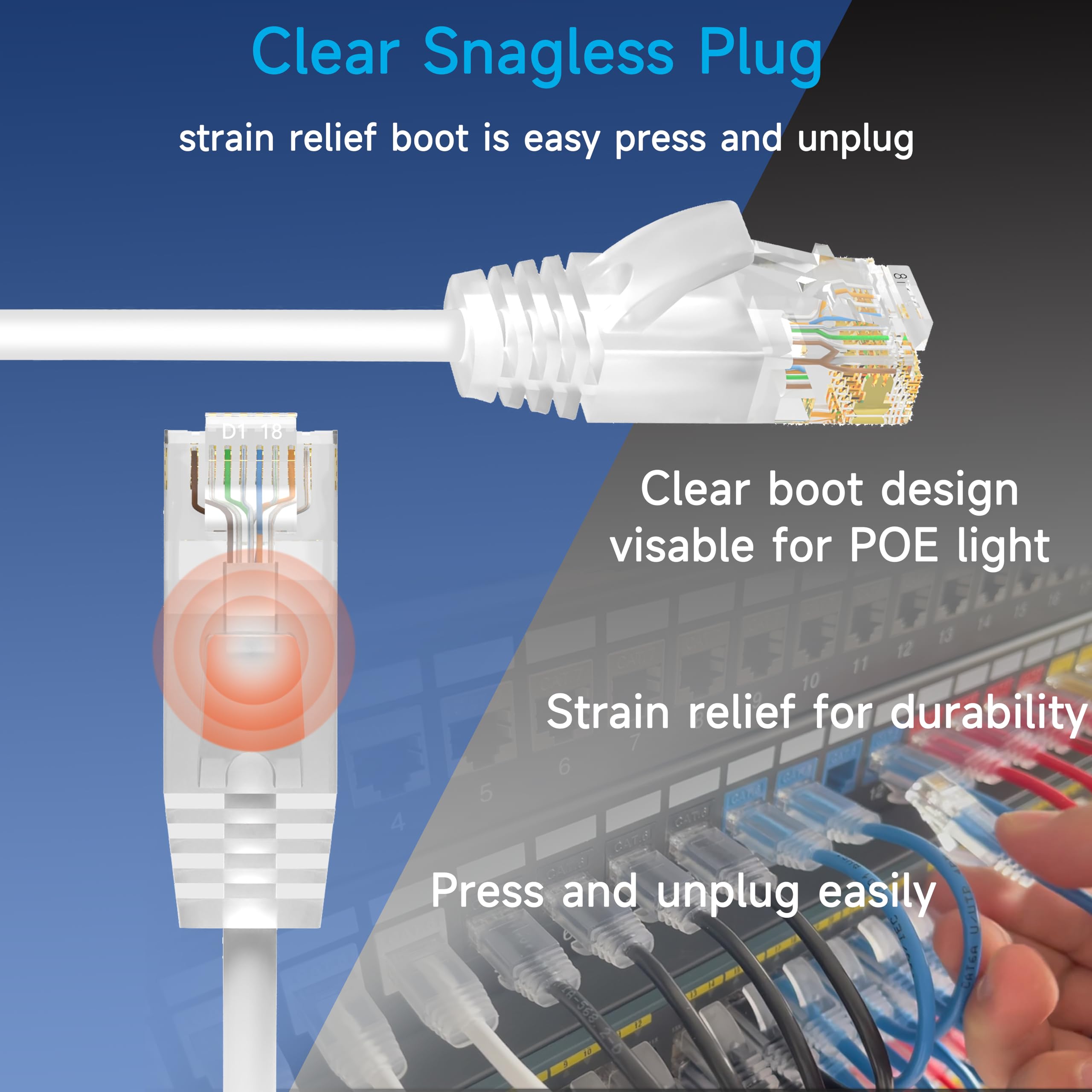 Cable de conexión Ethernet (24 unidades, Cat6a (0,3 m), cable de conexión Cat6a 28 AWG para centros de datos, cable de conexión Cat 6 de 10 G, cables de conexión de red para