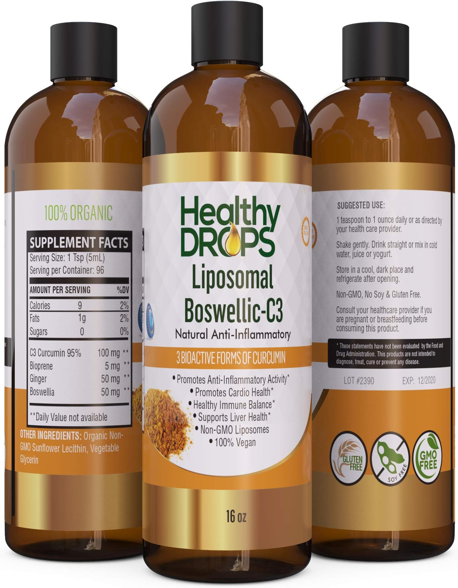 Liposomal Boswellic C3 Curcumin Ginger and Boswellia Organic Non-Soy, Non-GMO 96 Servings 16 oz - Joint Relief - Anti-Inflammatory