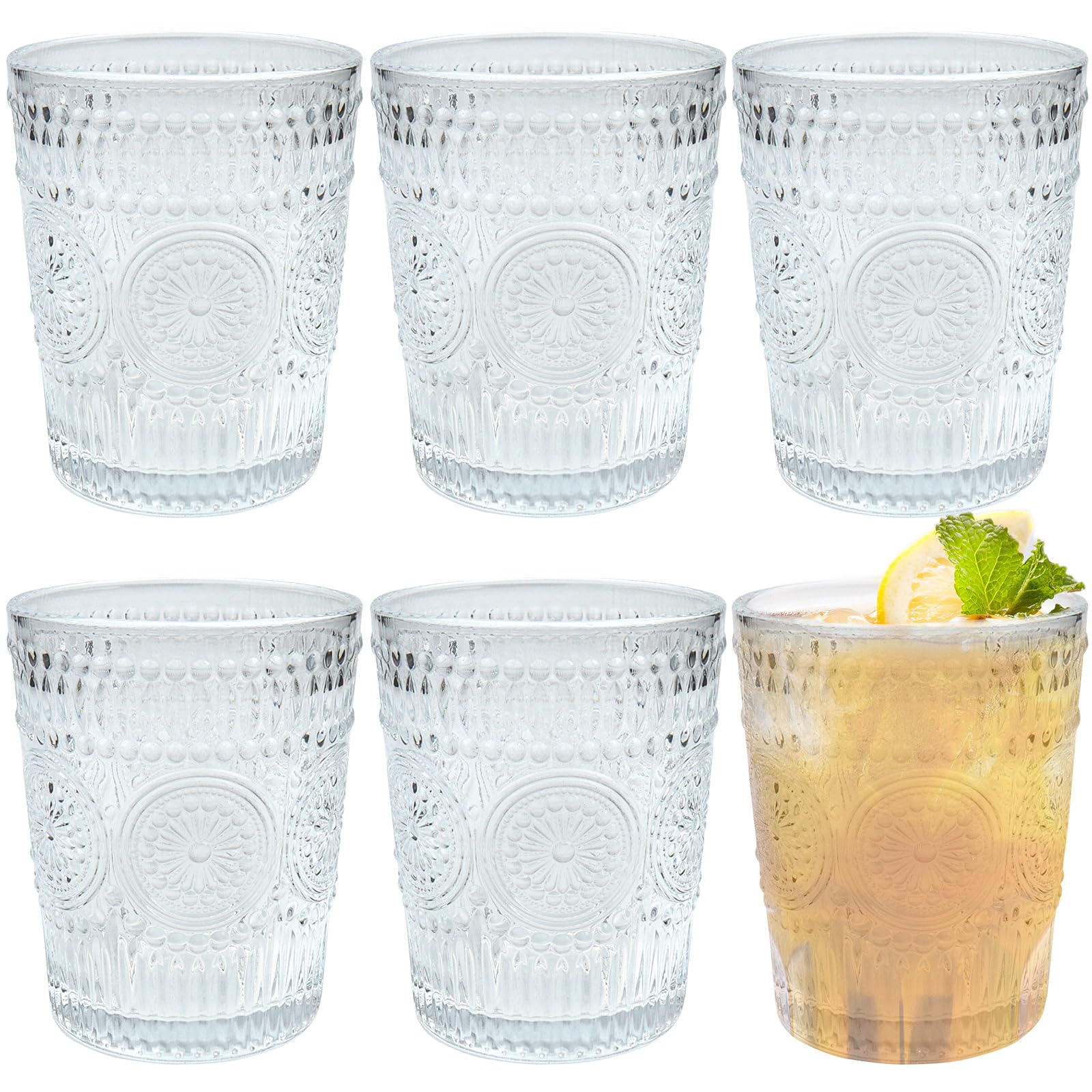 Roellgs 6Pack Vintage Drinking Glassware, Romantic Water Juice Glass Tumbler Cup, Clear Stackable Coffee Cocktail Bar Drinkware for Beverages, Tea, Milk, Yogurt, Whiskey, Embossed Floral Pattern