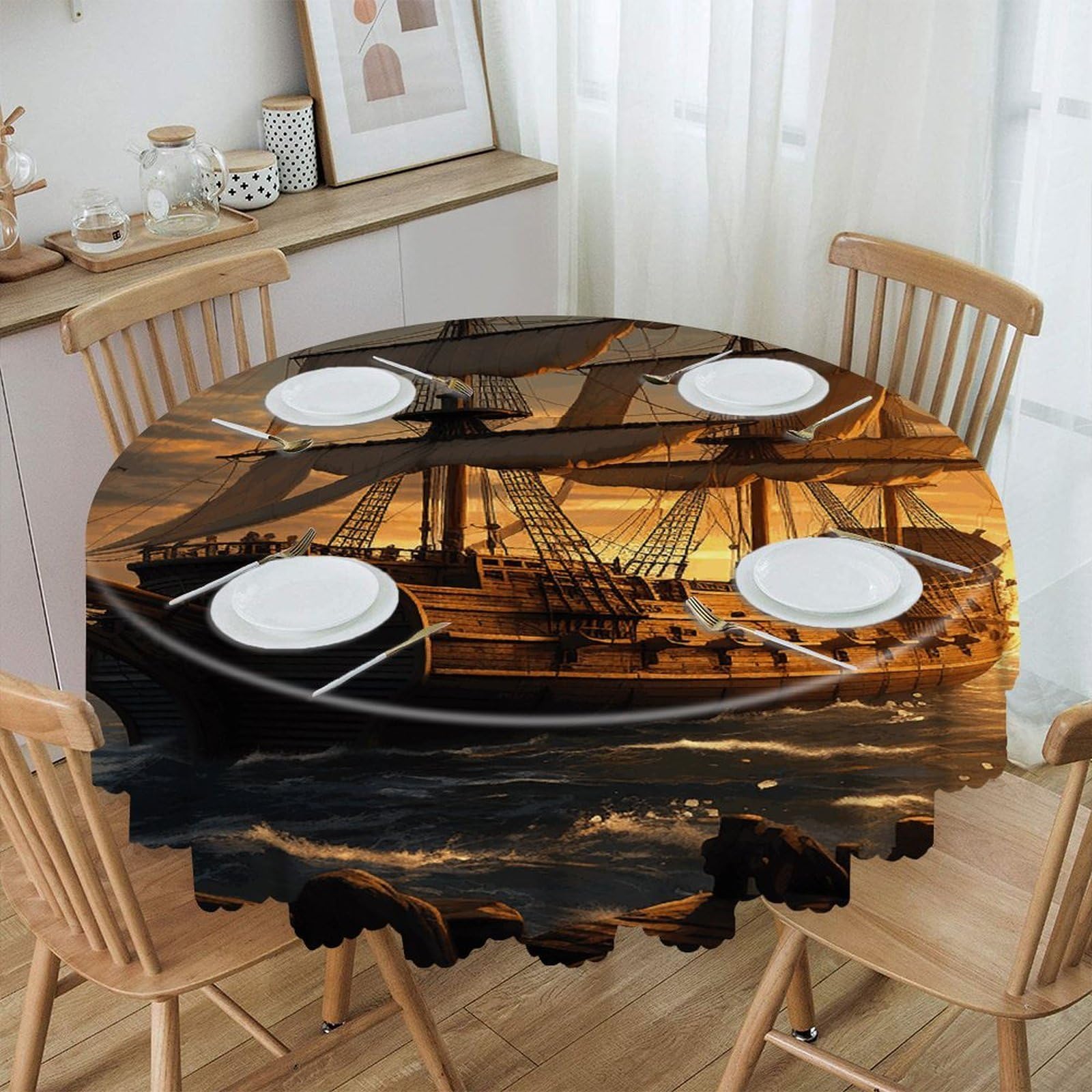 VstaDank Fantasy Pirate Ship Round Tablecloth Premium Polyester Table Cloth Heavy Duty Washable Fabric Tablecloth Waterproof Holiday Table Cover Decorative Tablecloths for Dining 60"