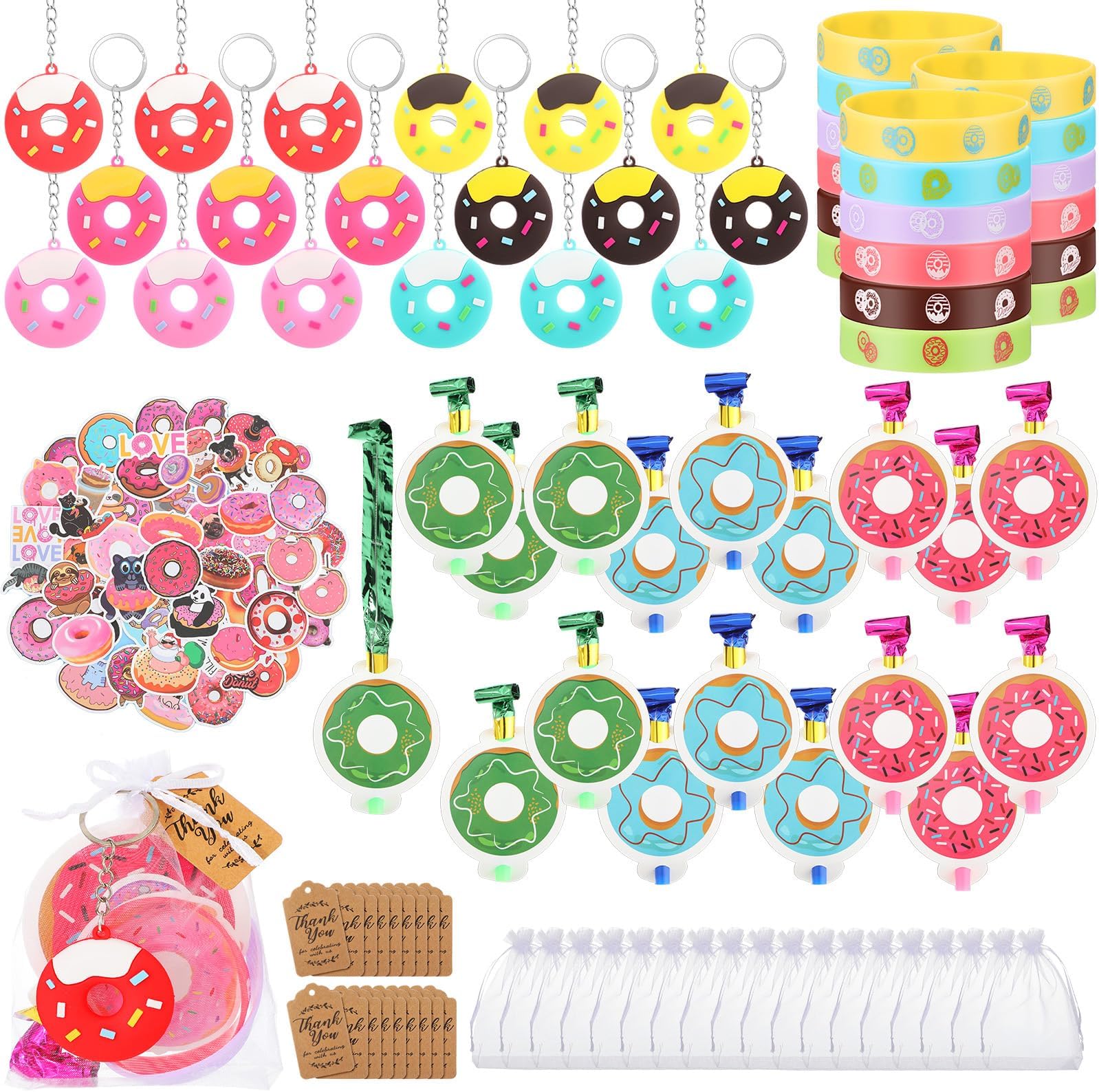 140 Donut Party Favors for 18 Kids, Includes Donut Keychain Dount Party Blowers Donut Stickers Wristband Gift Bags Thank You Tags for Boys Girls Donut Birthday Supply Decoration Goodie Bag Filler