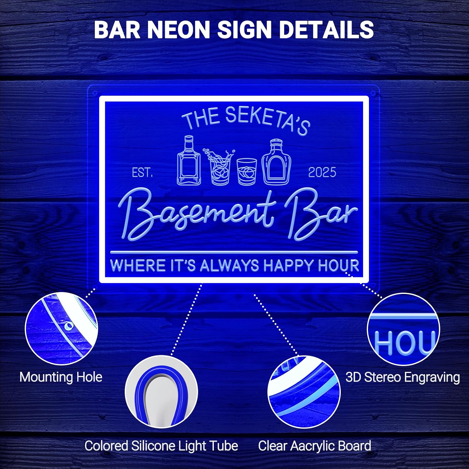 Custom Basemen Bar Neon Sign for Wall Decor, Personalized LED Neon Whiskey Bar Sign, Dimmable Customized Light Up Signs for Man Cave Home Pub Tavern Bistro Business, Men Dad Father's Day Gifts
