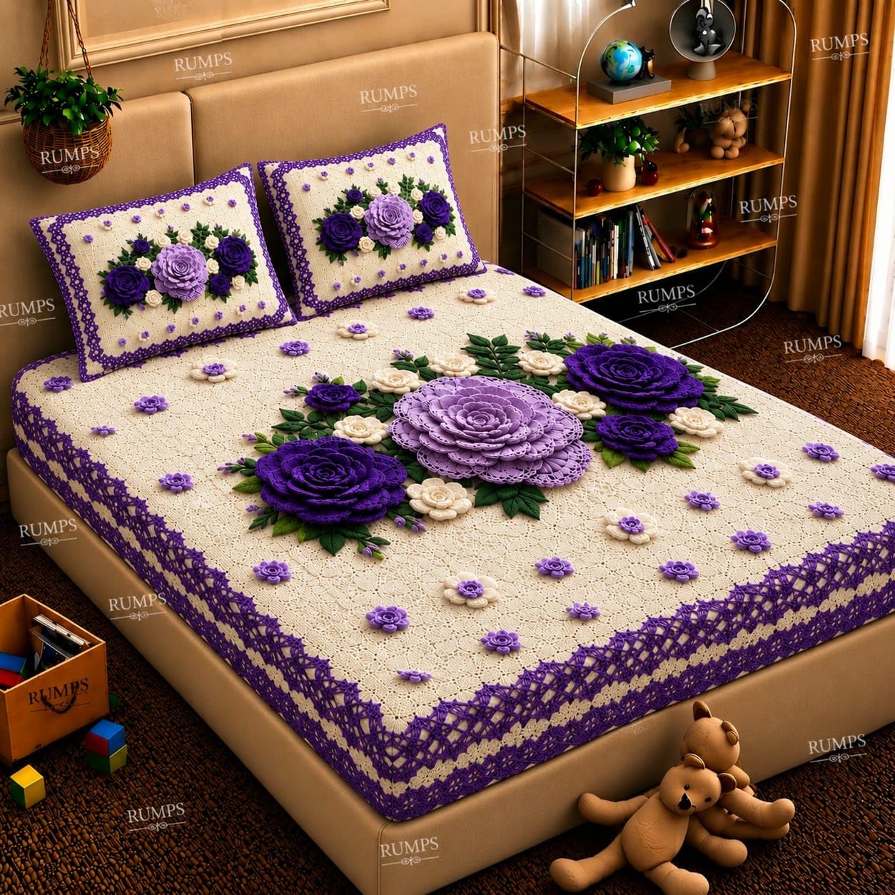 RUMPS 7D Printed Microfiber Bedsheet with 2 Pillow Covers, 90×100 Inches Double Bed Sheet, Soft & Comfortable Fabric, Premium Floral Design, Elegant Purple Bedsheet for Bedroom Home Décor