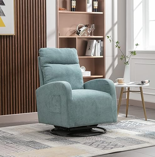 Silla giratoria para guardería, moderna silla mecedora con respaldo alto y bolsillo de almacenamiento, mecedora tapizada con base de metal sólido