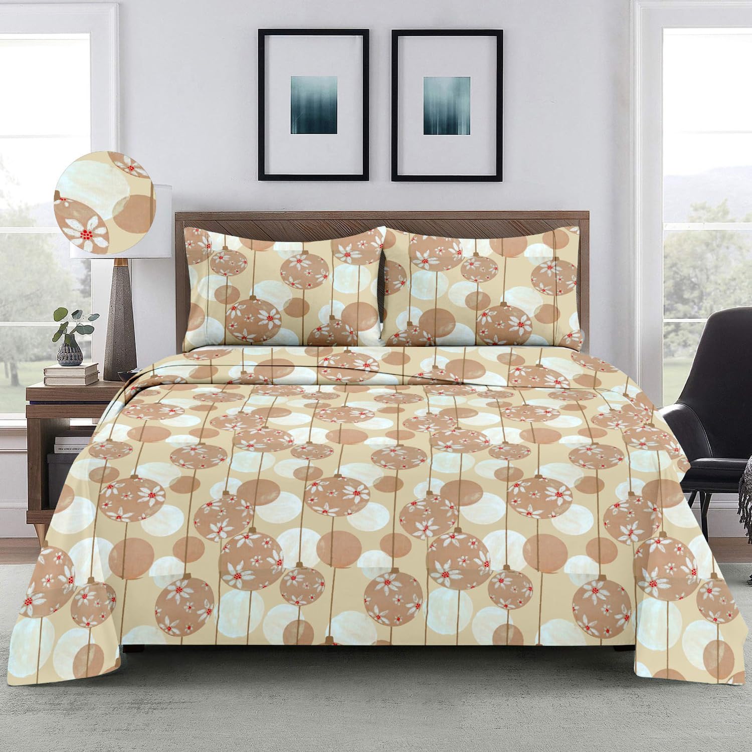 Light Beige Floral Cotton Bedsheet for Super King Size Bed (120 x 120 Inches) with 2 Pillow Covers (20 x 30 Inches) 210 TC (ROYALXL-002)-image-32