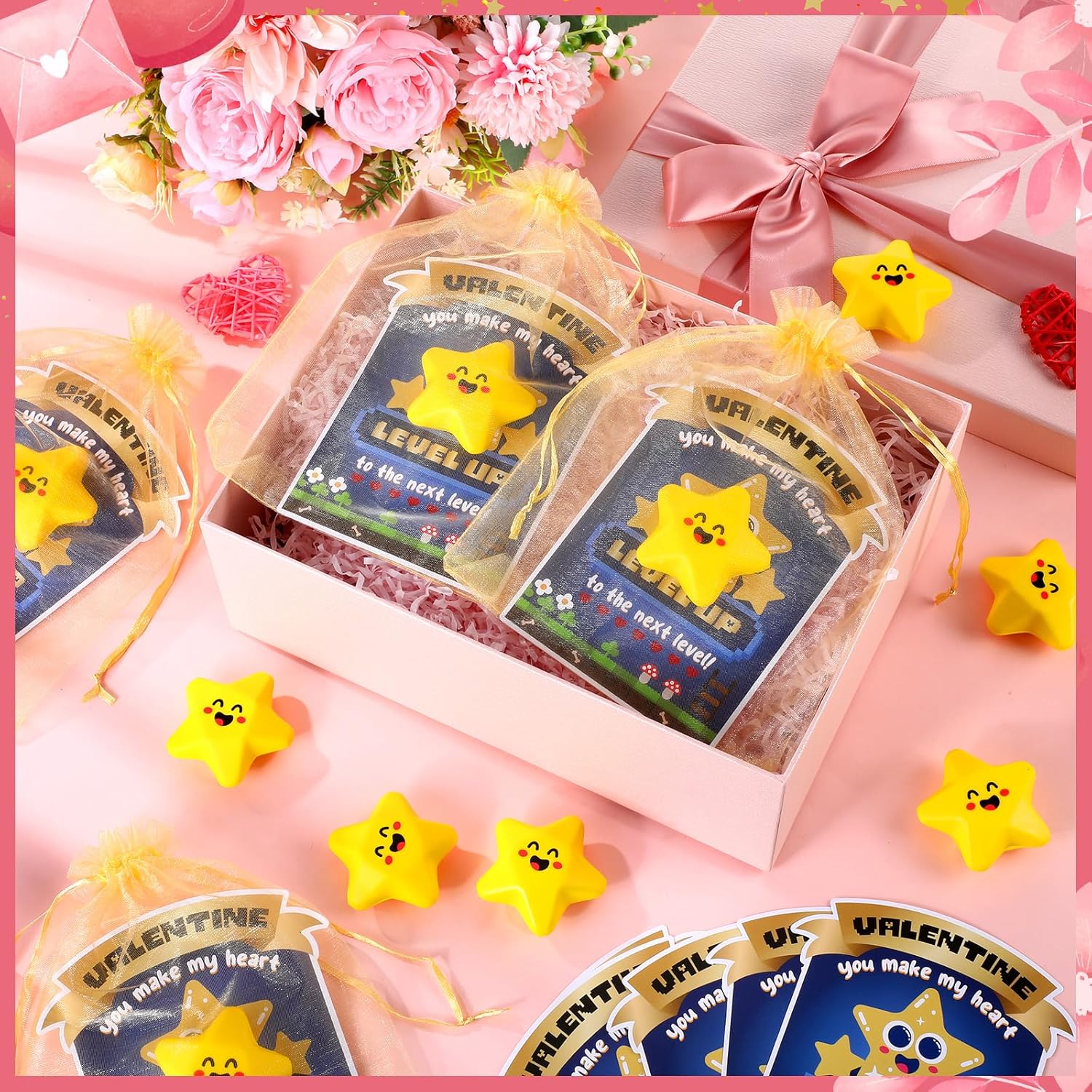 24 Sets Valentines Day Gifts for Kids Video Game Star Stress Ball with Level up Cards Goodie Bags Valentines Stress Relief Gift for Student from Teacher Valentine's Video Game Party Favor