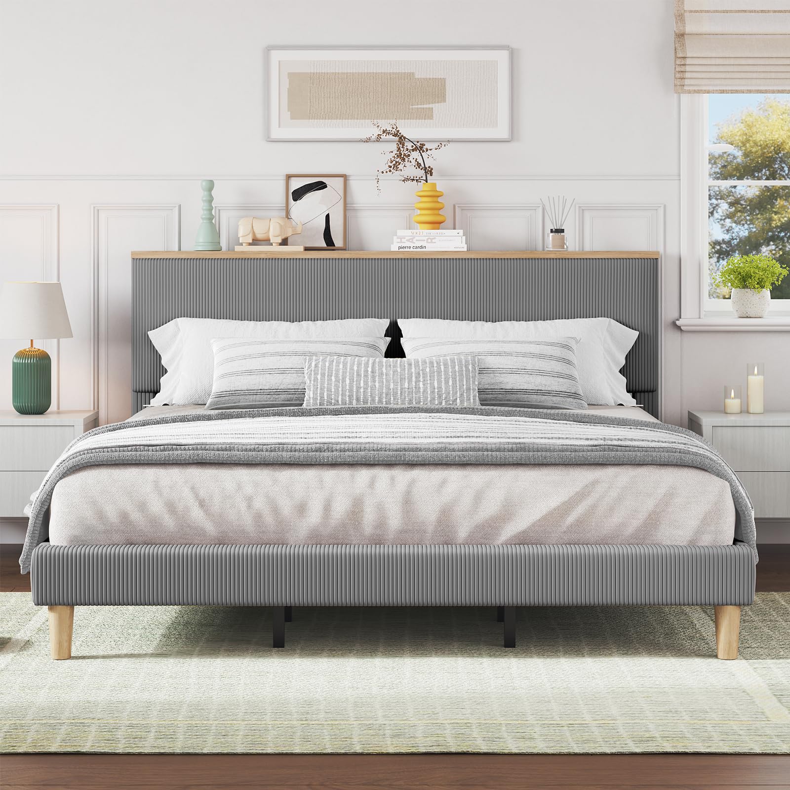 Bestier King Bed Frame with Storage Headboard &amp; LED, Light Grey