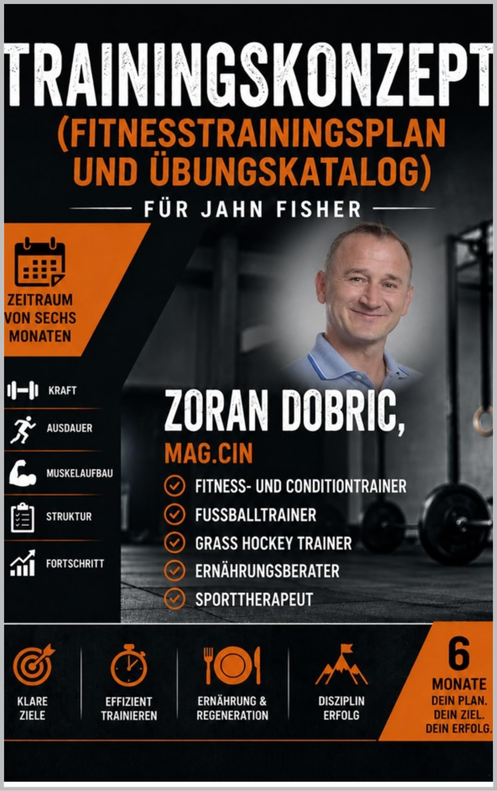 Trainingskonzept(FitnesstrainingsplanundÜbungskatalog)für Jahn Fisher,Zeitraum von sechs Monaten
