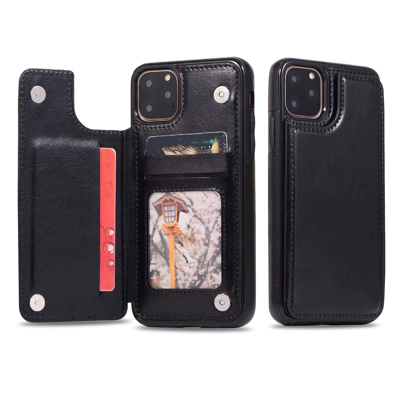 Étui en cuir iPhone 12 Pro Max noir avec porte-carte à double boucle élégant