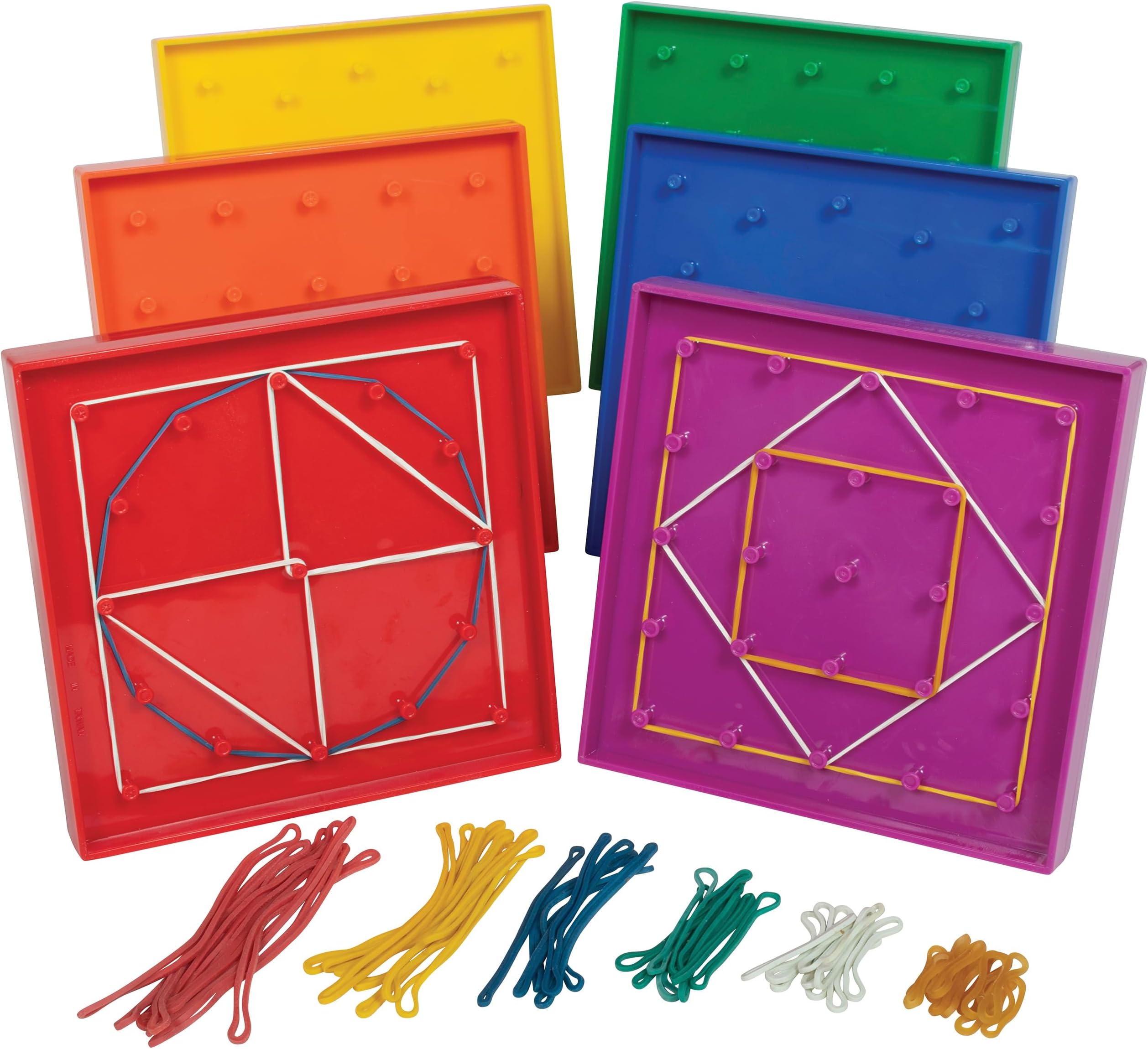 edxeducation Double-Sided Geoboard Set - Set of 6 with Rubber Bands - Ages 3+ - Maths Resources, Geometry, Fine Motor Skills, Creativity for Kids - 5 x 5 Grid/12 Pin Circular Array