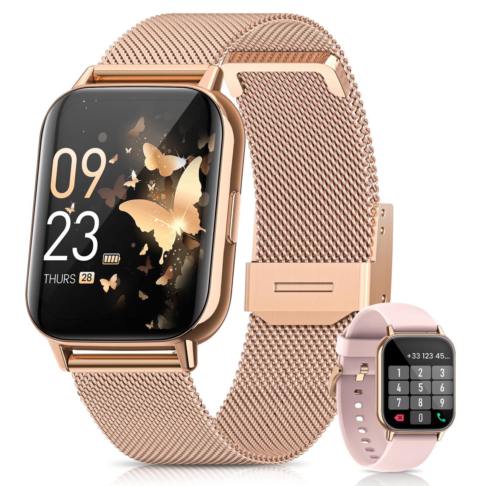 2026 Neues Smartwatch Damen, 1.85"AMOLED Fitness Tracker mit Telefonfunktion Menstruationszyklus Herzfrequenz Schlafmonitor SpO2 113+Sportmodi Sportuhr 5ATM Schrittzähler Kalorien iOS Android Roségold