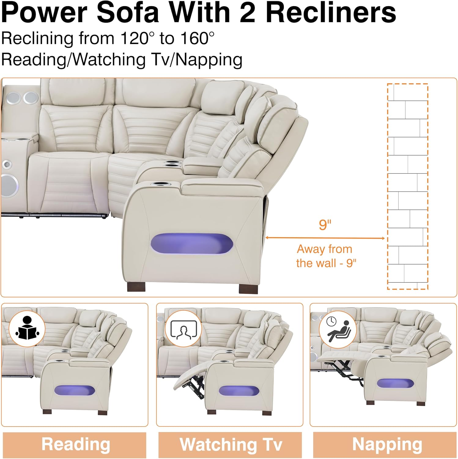 Beige Leather L-Shaped Recliner Sofa Set with Bluetooth LED USB Cup Holders