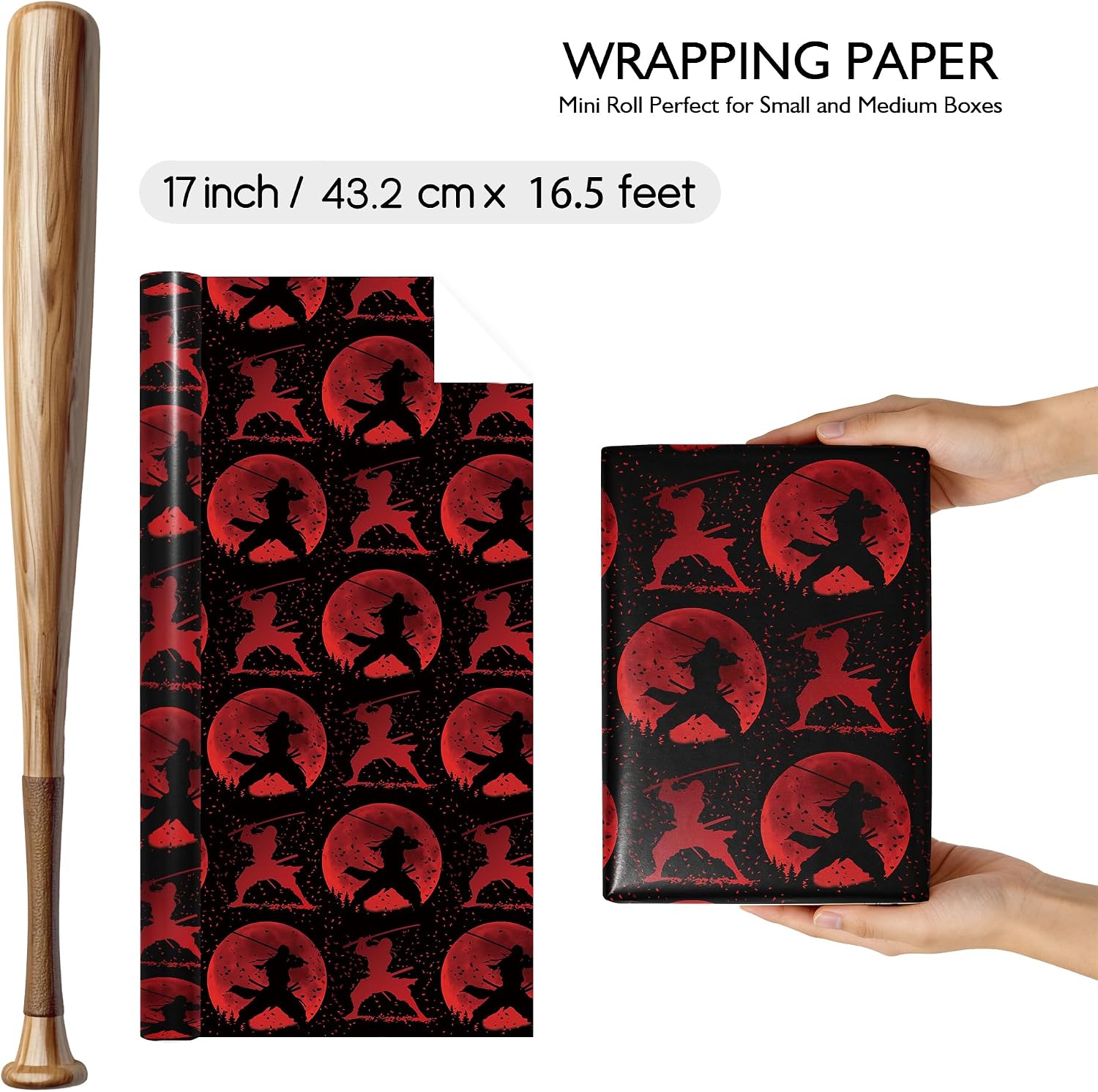 Dlyrroba Ninja Wrapping Paper Roll - Japanese Red Black Ninja Blood Moon Design Gift Wrap for Anime Lovers Martial Artists Birthday Party 17 Inch x 16.5 Feet image 5
