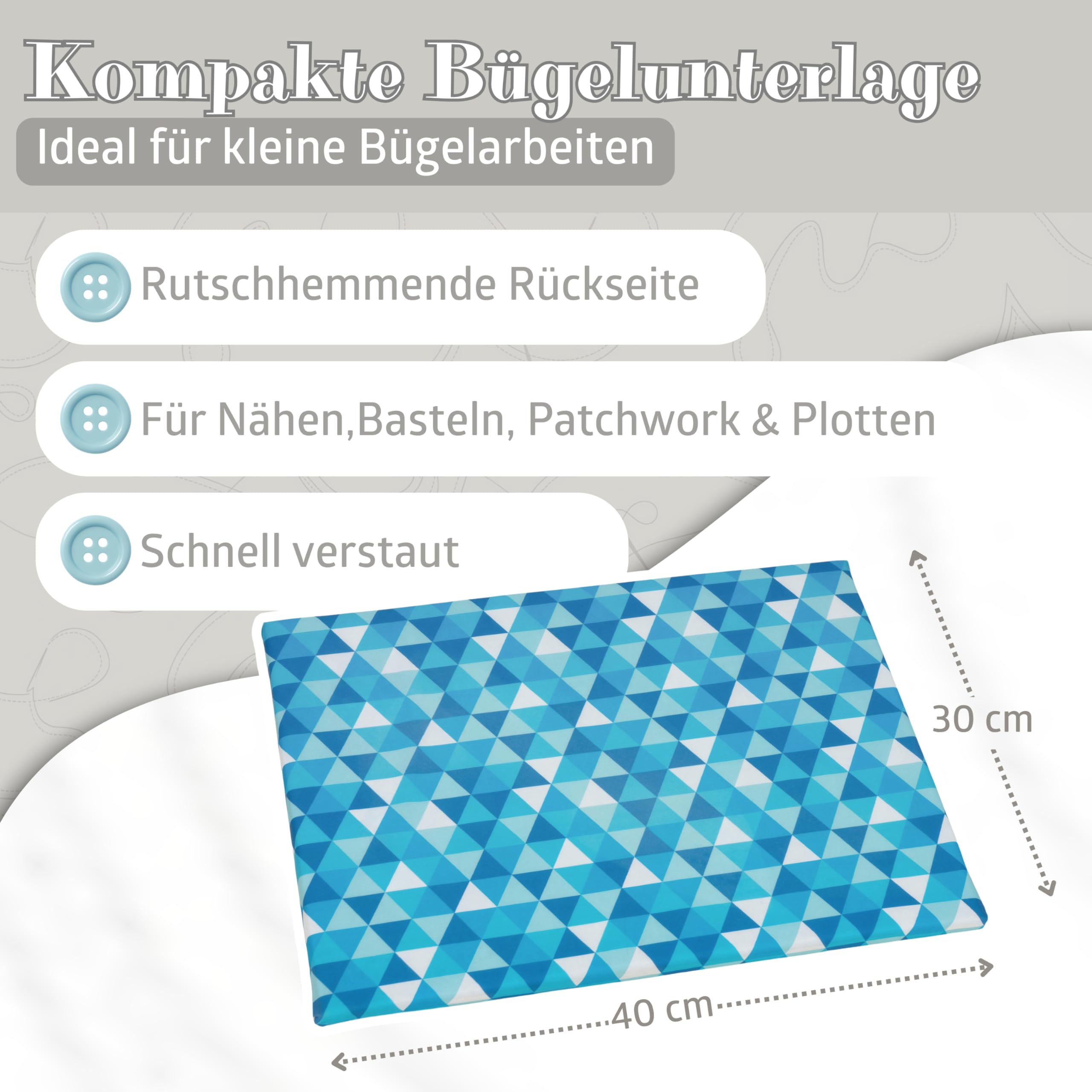 SEMPLIX Bügel Set – Bügelunterlage mit rutschhemmender Rückseite 30 x 40 cm/Mini Bügeleisenablage 10,5 x 15,5 cm/Minibügeleisen von Prym (Petrol/türkis)