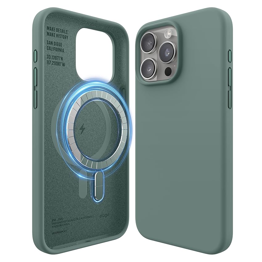 elago Cover Magnetica in Silicone Compatibile con iPhone 15 Pro Max Custodia, Compatibile con Accessori MagSafe, Magneti Integrati, Silicone Premium, Protezione [Struttura a 5 Strati] (Verde Notte)