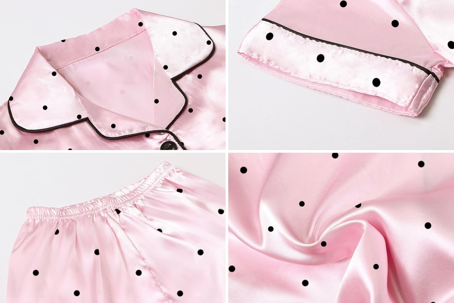 Umeyda Teen Girls Pajamas Sets, Satin Silk Like Comfy Short Sleeves Shirts Tops + Lounge Shorts Sleepwear Pjs Set for Kids, Baby Pink Dots, 11-12 Years = Tag 160 - Image 6