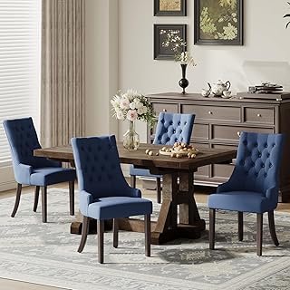 COLAMY Wingback Upholstered Side Dining Room Chairs Set of 4, Fabric Dining Chairs with Tufted Button, Living Room Chairs for Home Kitchen, Blue