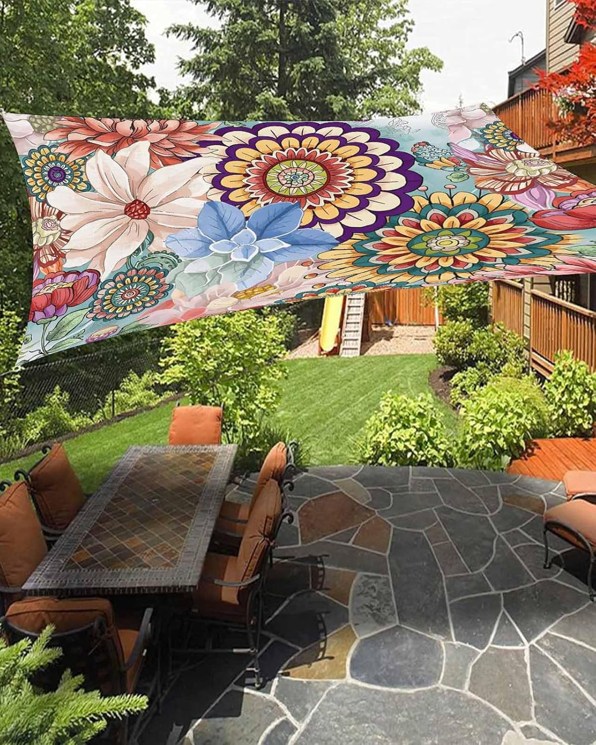 Sun Shade Sail 8'x10' Boho Floral Rectangle Sun Shade Sails Canopy Waterproof Mandala Flowers Plant Outdoor Sunshades Sand UV Block Cover Shade Cloth for Patio Backyard Garden Deck Porch Lawn