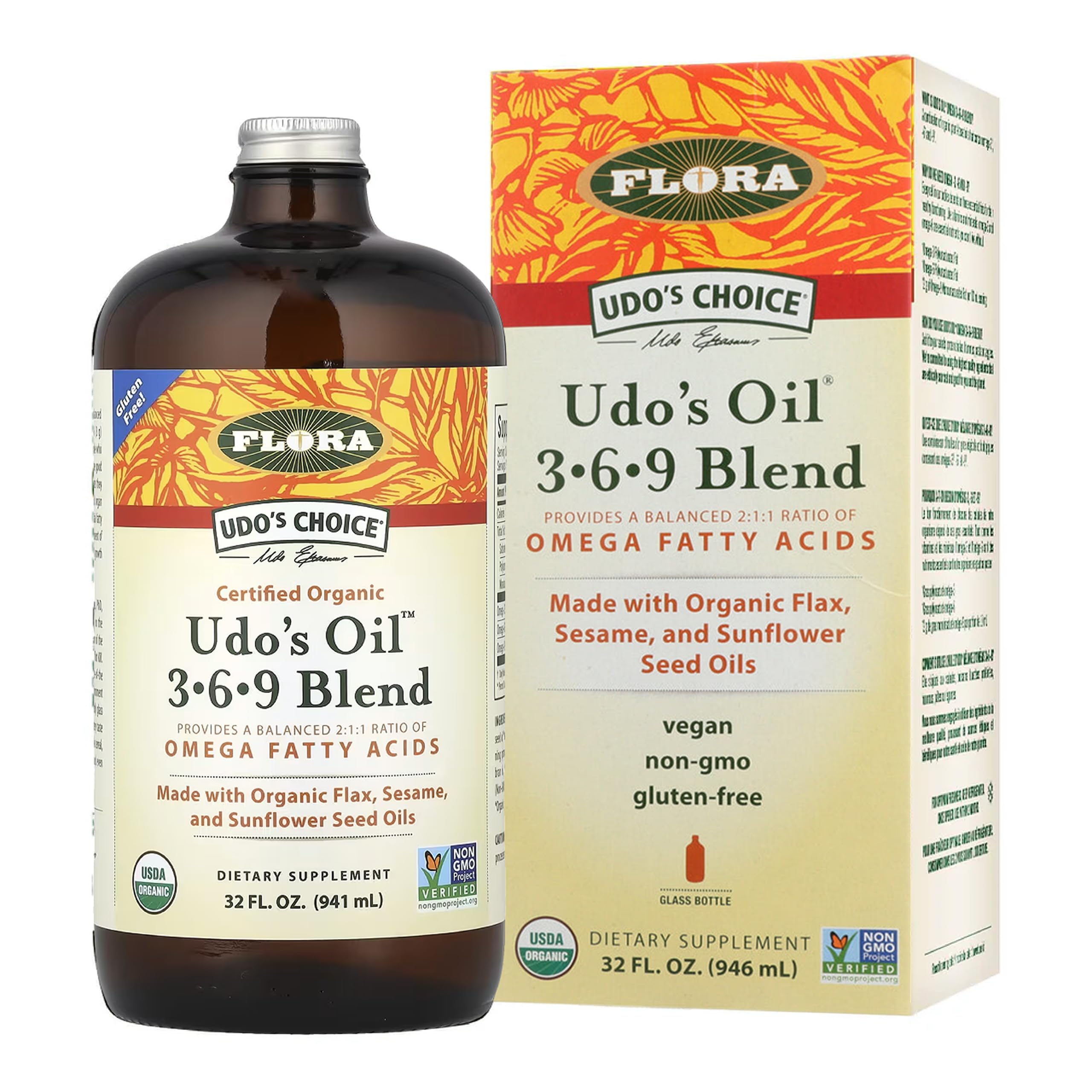 Flora Health UDO’s Oil Omega 3-6-9 32 Oz Supplement | Organic | Plant Based | Vegan Fish Oil Alternative | Blend of Flaxseed, Coconut, Evening Primrose & More