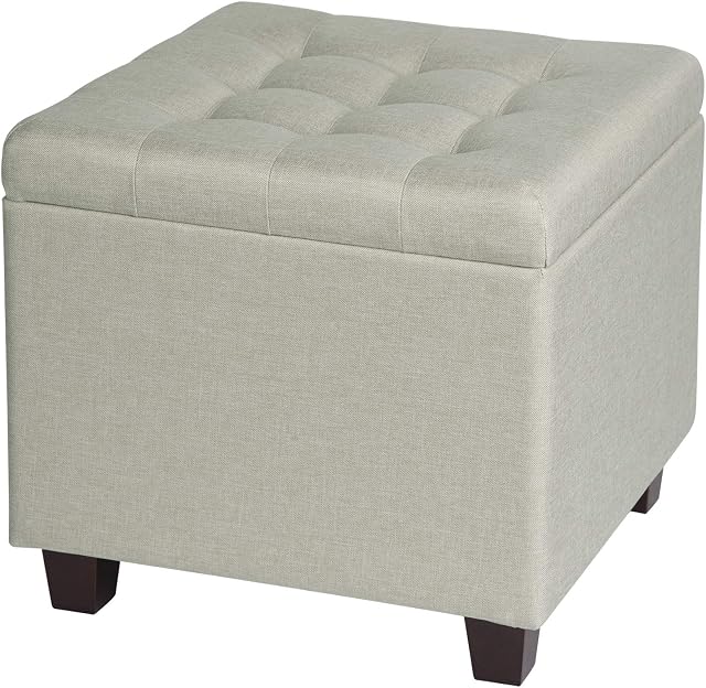 WOLTU Storage Box Ottoman Chair Stool Cream Upholstered Footstool Linen Square Pouffe Chair Multifunction with Removable Cover