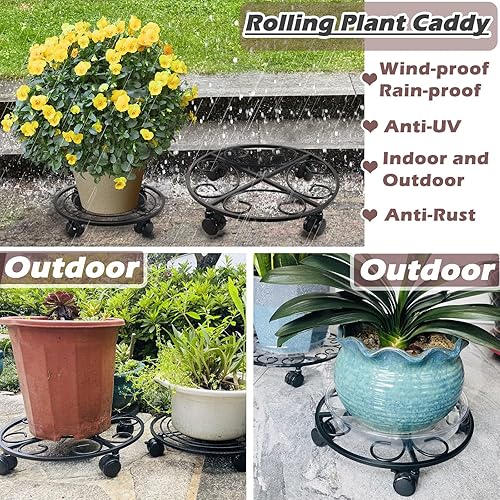 Miniatura 5 de Carrito de plantas de metal de 12 pulgadas con ruedas, 5 paquetes de soportes rodantes para plantas de interior, rodillos para plantas de interior,