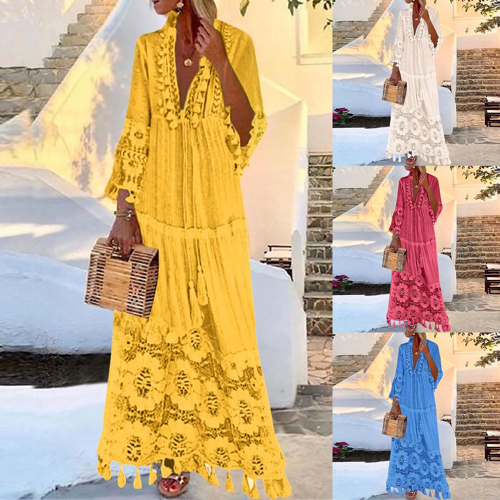 Generisch Abito da donna con maniche a 3/4, in pizzo, con scollo a V, stile bohémien, vintage, per feste, cocktail, vacanze, spiaggia, abito estivo
