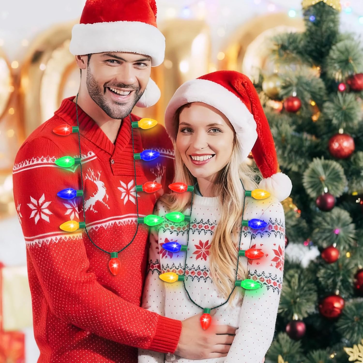 LED Christmas Xmas Light Up Necklace Bulb for Holiday Party Favors 9 LED Bulbs - Ugly Christmas Sweater Accessories (6 Pack)