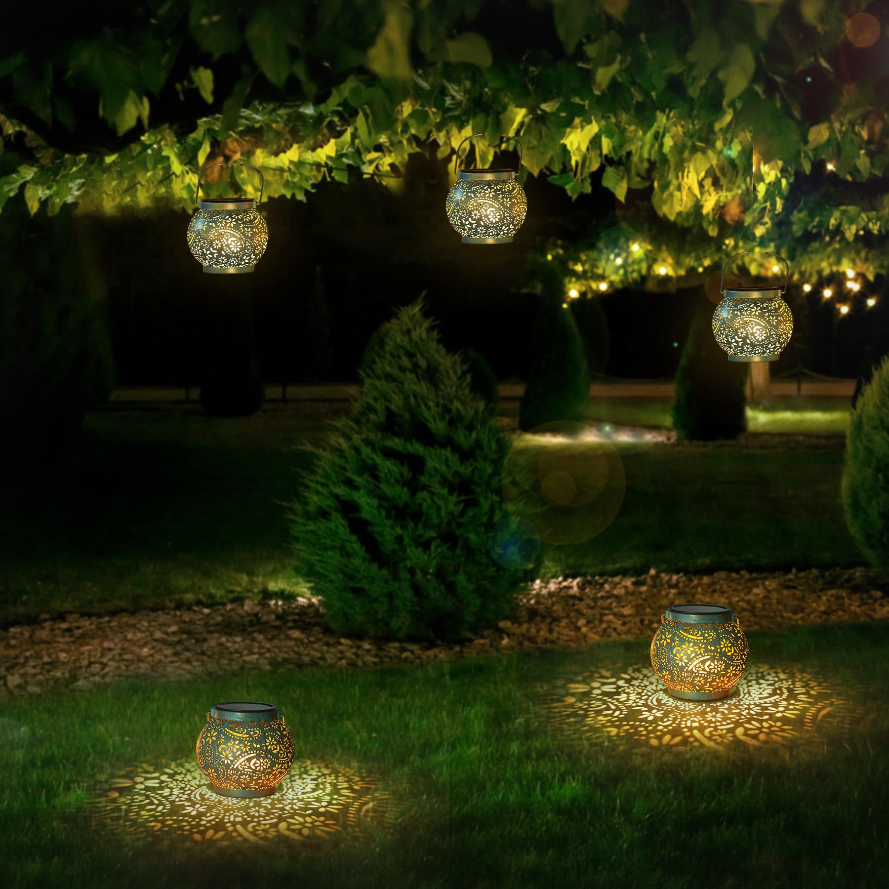 Farolillos solares para exteriores, 4 unidades, IP65, resistentes a la intemperie, para exteriores, metal, lámparas solares orientales, para exterior, jardín, decoración, porche, balcón, terraza,