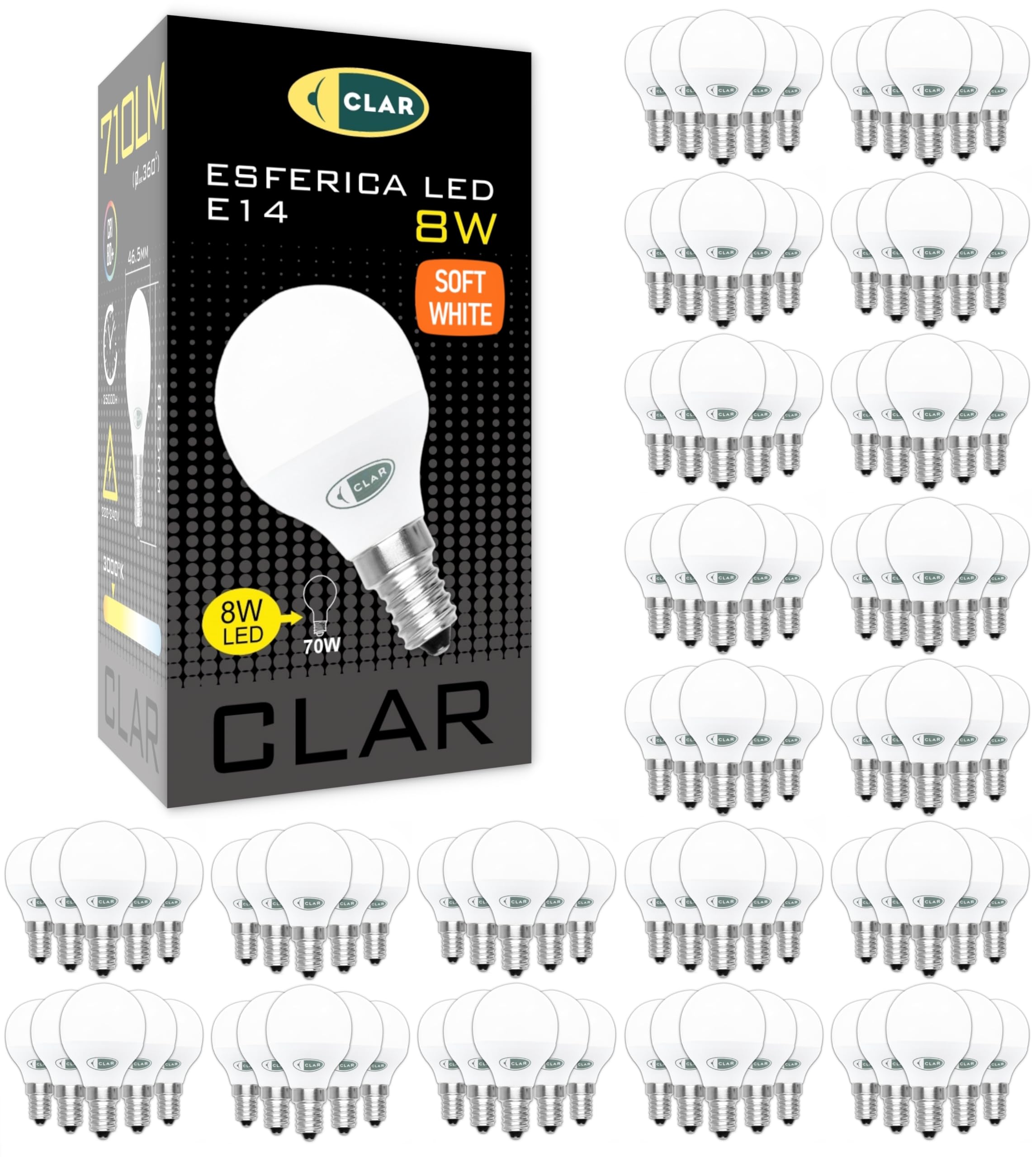 CLAR - Lampadine a LED E14 8W, Led Sfera Luce, E14 Lampadine, Lampadine Senza Fili, Lampade Led Piccole, Lampadine Led Luce Calda E14 8W (Pack 100)